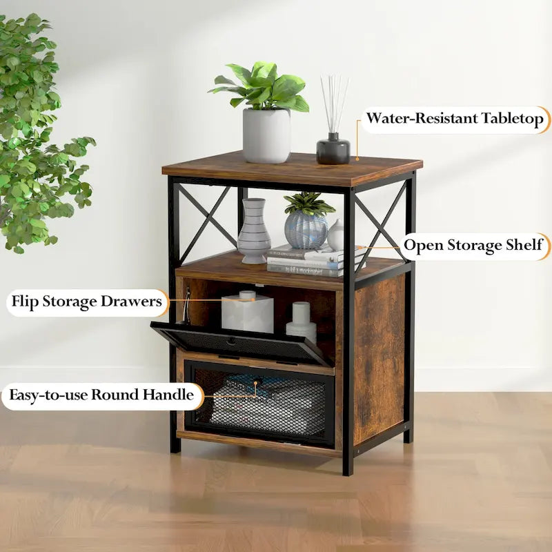 Table de chevet industrielle avec 2 tiroirs en maille et étagère ouverte marron rustique
