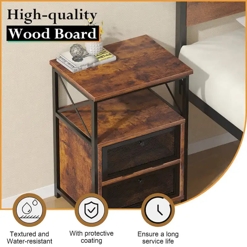Table de chevet industrielle avec 2 tiroirs en maille et étagère ouverte marron rustique