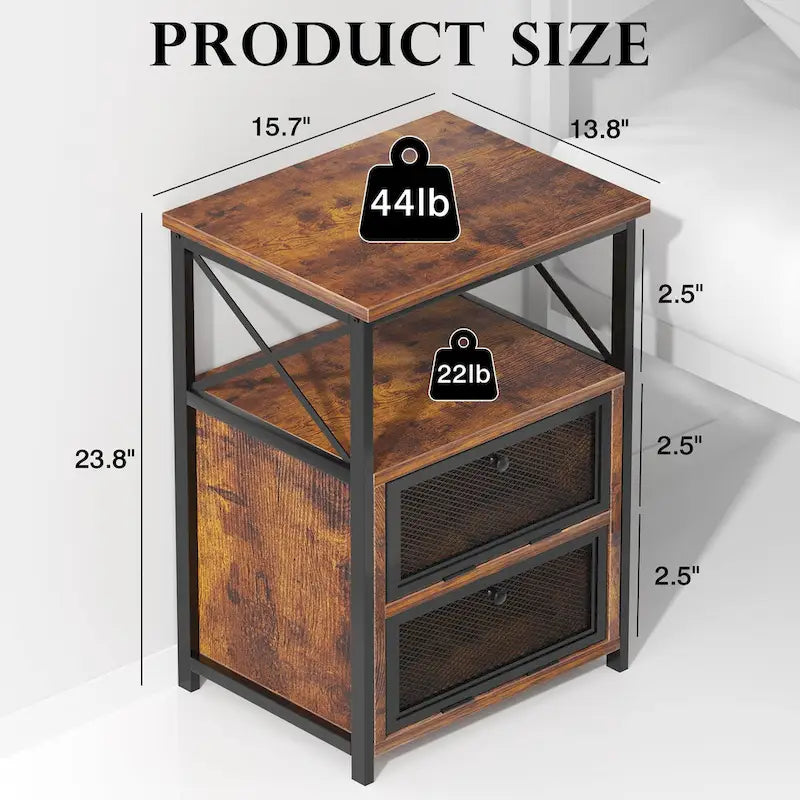Table de chevet industrielle avec 2 tiroirs en maille et étagère ouverte marron rustique
