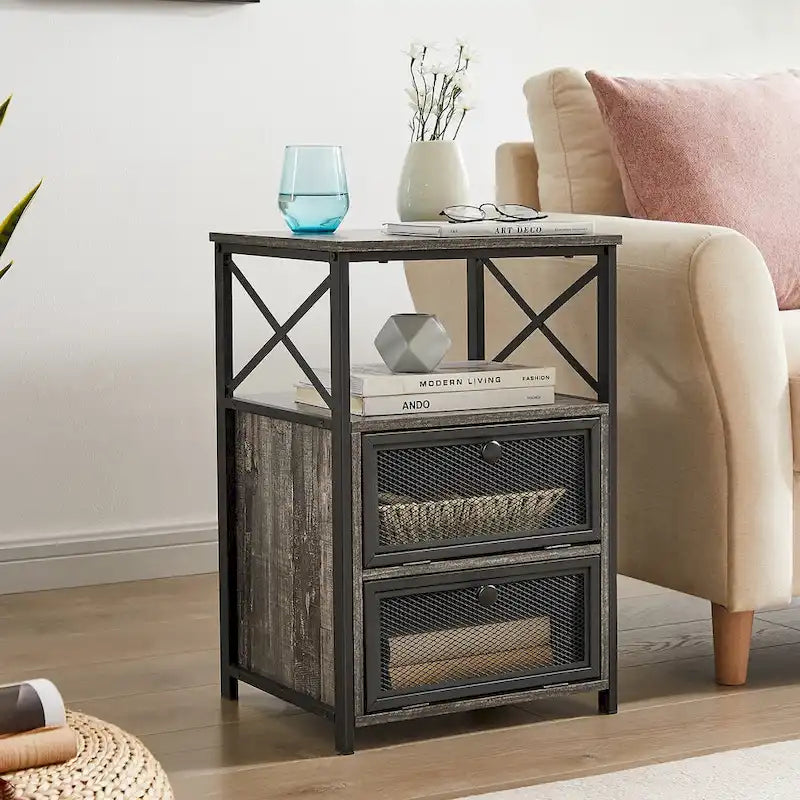 Table de chevet industrielle avec 2 tiroirs en maille et étagère ouverte marron rustique