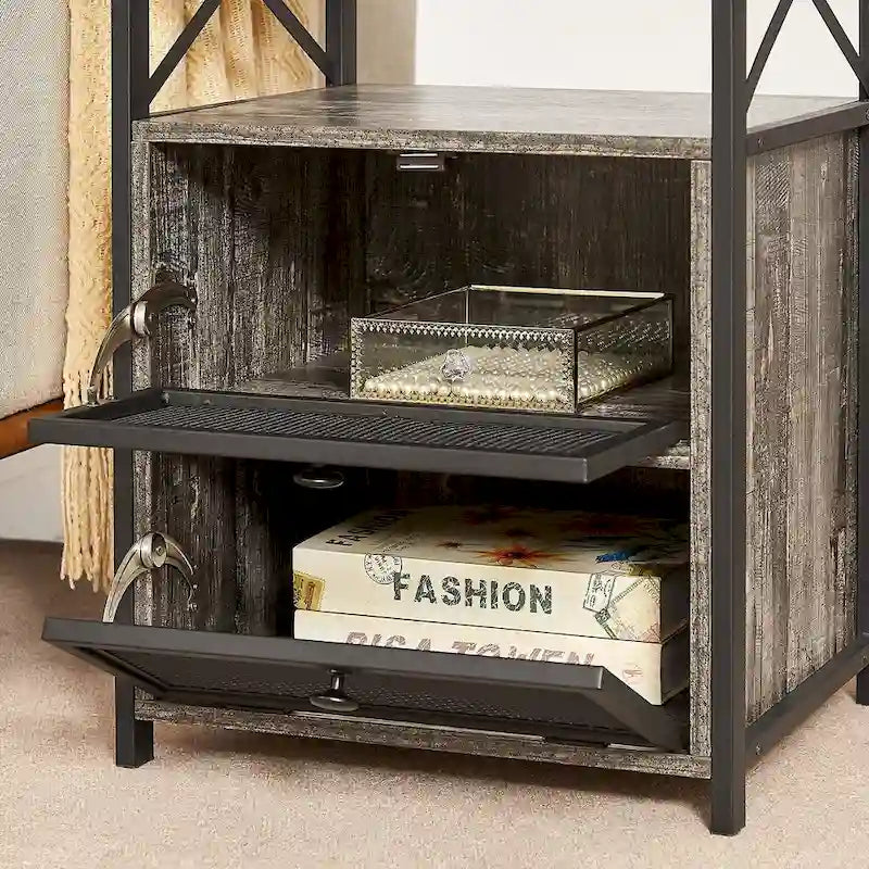 Table de chevet industrielle avec 2 tiroirs en maille et étagère ouverte marron rustique