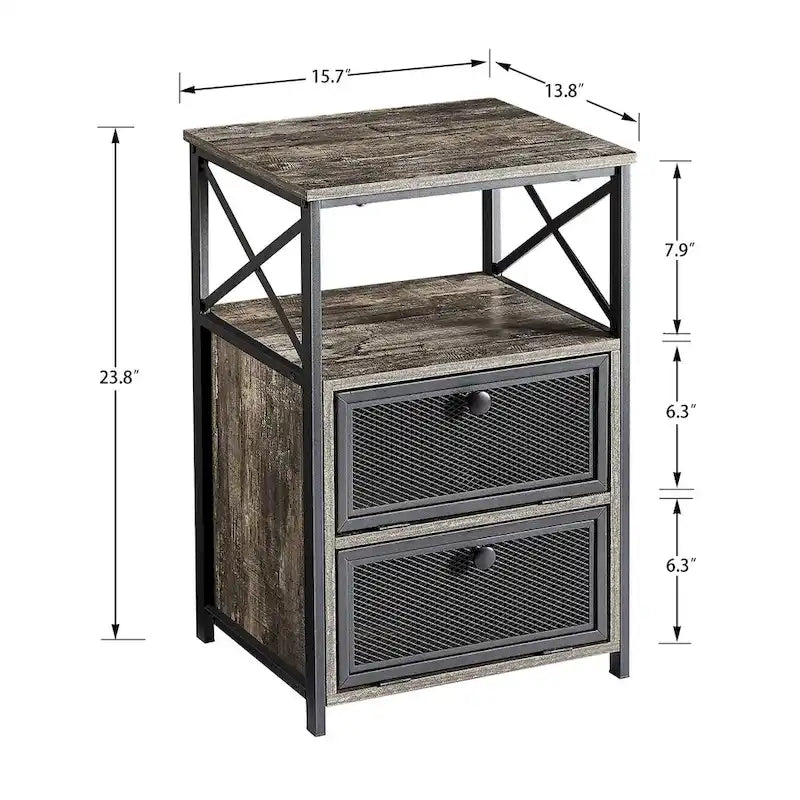 Table de chevet industrielle avec 2 tiroirs en maille et étagère ouverte marron rustique