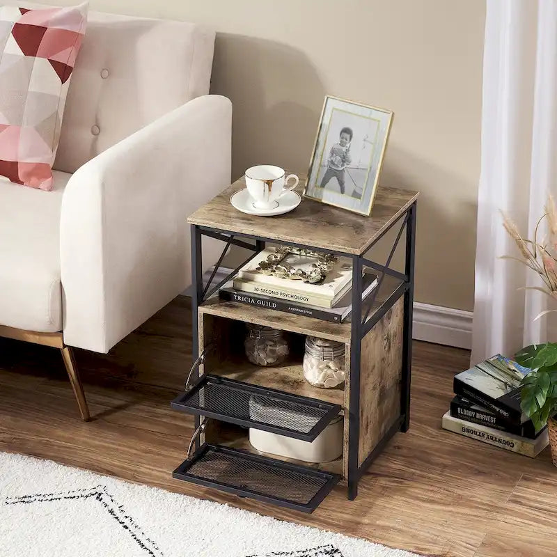 Table de chevet industrielle avec 2 tiroirs en maille et étagère ouverte marron rustique