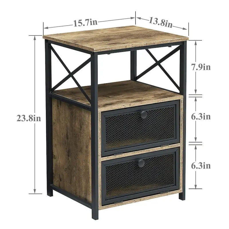 Table de chevet industrielle avec 2 tiroirs en maille et étagère ouverte marron rustique
