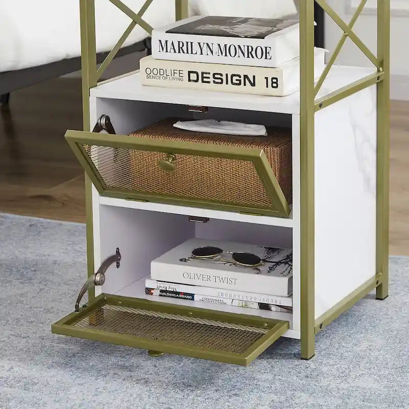 Table de chevet industrielle avec 2 tiroirs en maille et étagère ouverte marron rustique