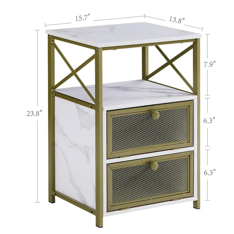 Table de chevet industrielle avec 2 tiroirs en maille et étagère ouverte marron rustique