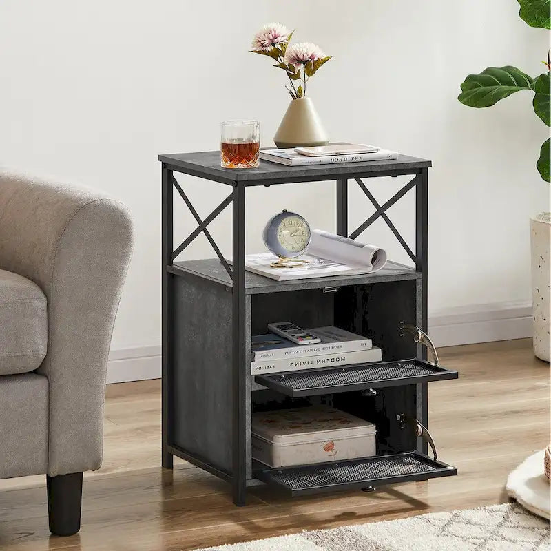 Table de chevet industrielle avec 2 tiroirs en maille et étagère ouverte marron rustique