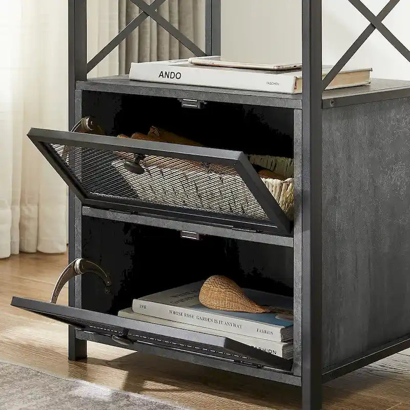 Table de chevet industrielle avec 2 tiroirs en maille et étagère ouverte marron rustique