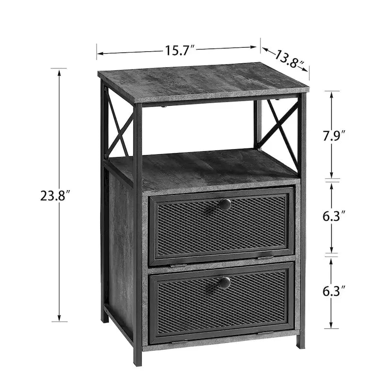 Table de chevet industrielle avec 2 tiroirs en maille et étagère ouverte marron rustique