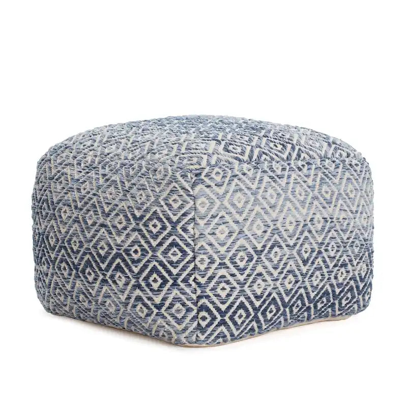 Pouf bohème carré, motif losanges tissé à la main, repose-pieds en mélange de coton beige