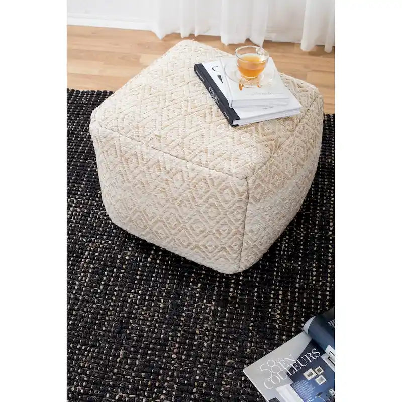 Pouf bohème carré, motif losanges tissé à la main, repose-pieds en mélange de coton beige