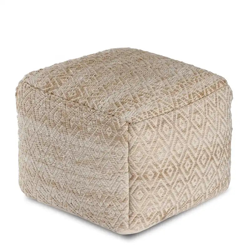 Pouf bohème carré, motif losanges tissé à la main, repose-pieds en mélange de coton beige