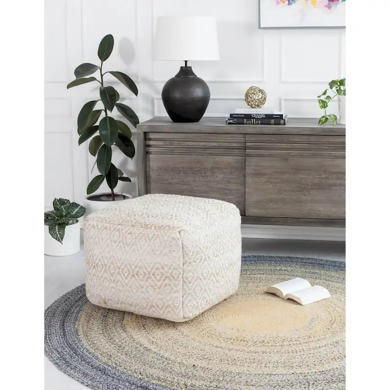 Pouf bohème carré, motif losanges tissé à la main, repose-pieds en mélange de coton beige