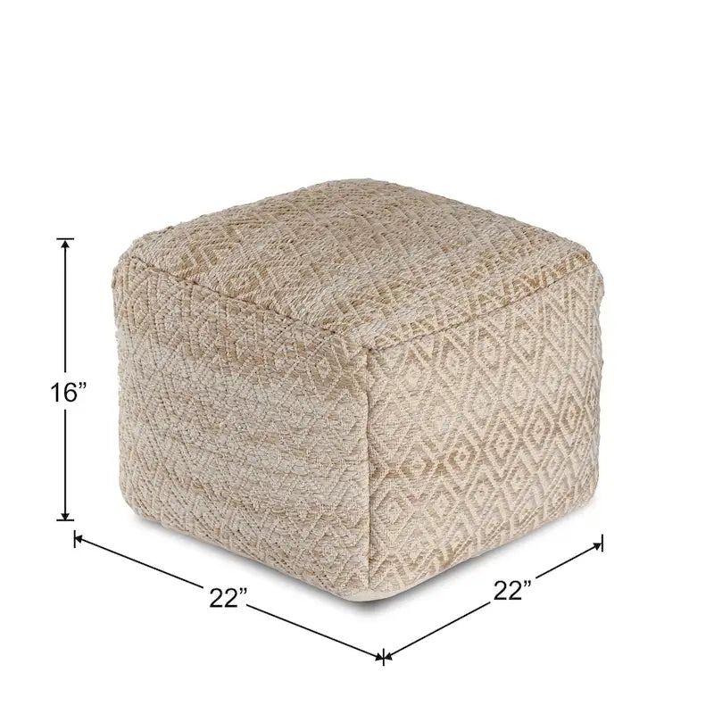 Pouf bohème carré, motif losanges tissé à la main, repose-pieds en mélange de coton beige