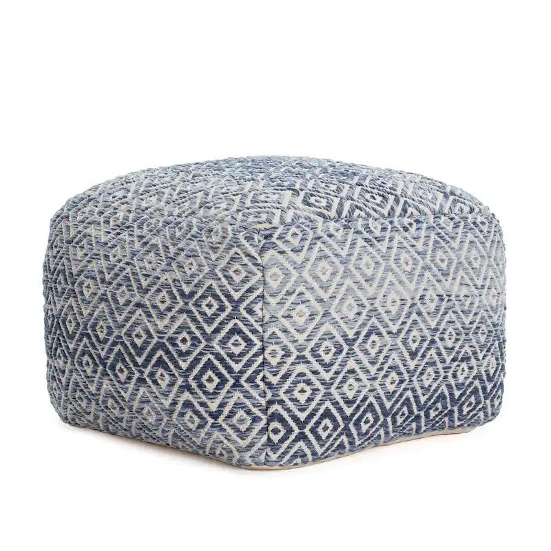 Pouf bohème carré, motif losanges tissé à la main, repose-pieds en mélange de coton beige