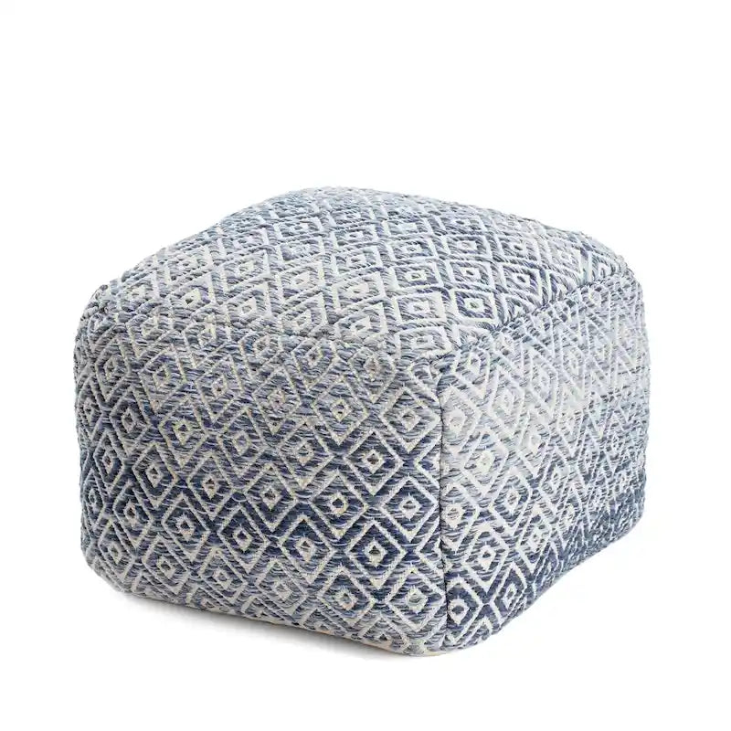 Pouf bohème carré, motif losanges tissé à la main, repose-pieds en mélange de coton beige