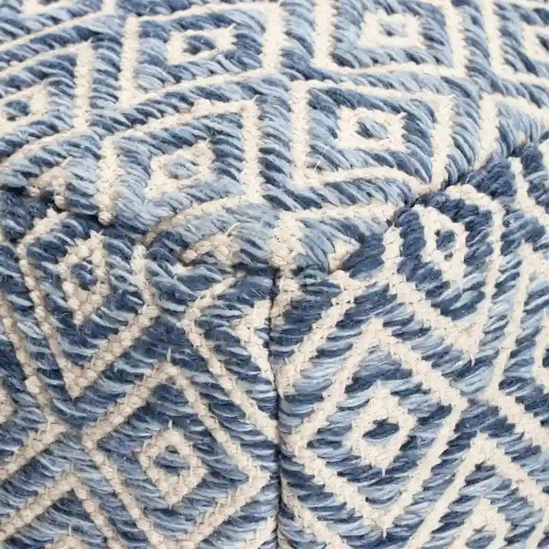 Pouf bohème carré, motif losanges tissé à la main, repose-pieds en mélange de coton beige