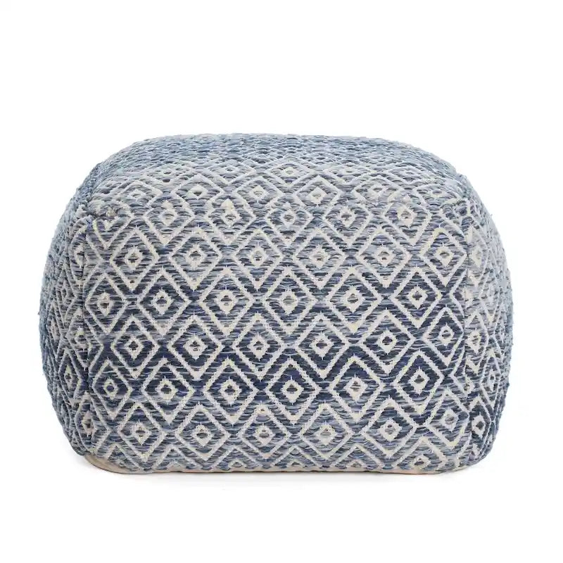 Pouf bohème carré, motif losanges tissé à la main, repose-pieds en mélange de coton beige