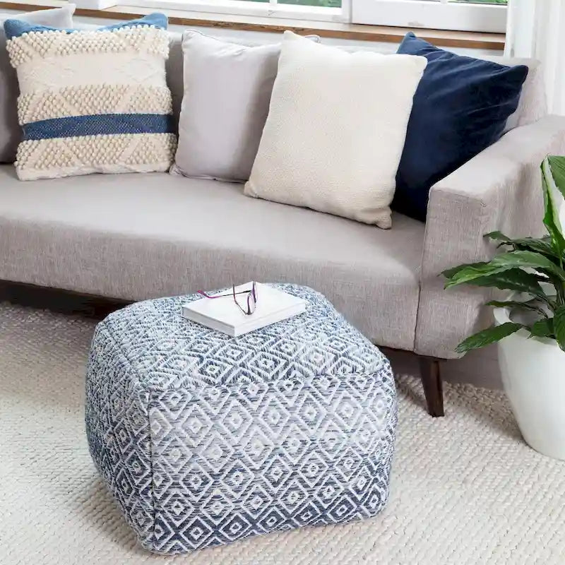 Pouf bohème carré, motif losanges tissé à la main, repose-pieds en mélange de coton beige