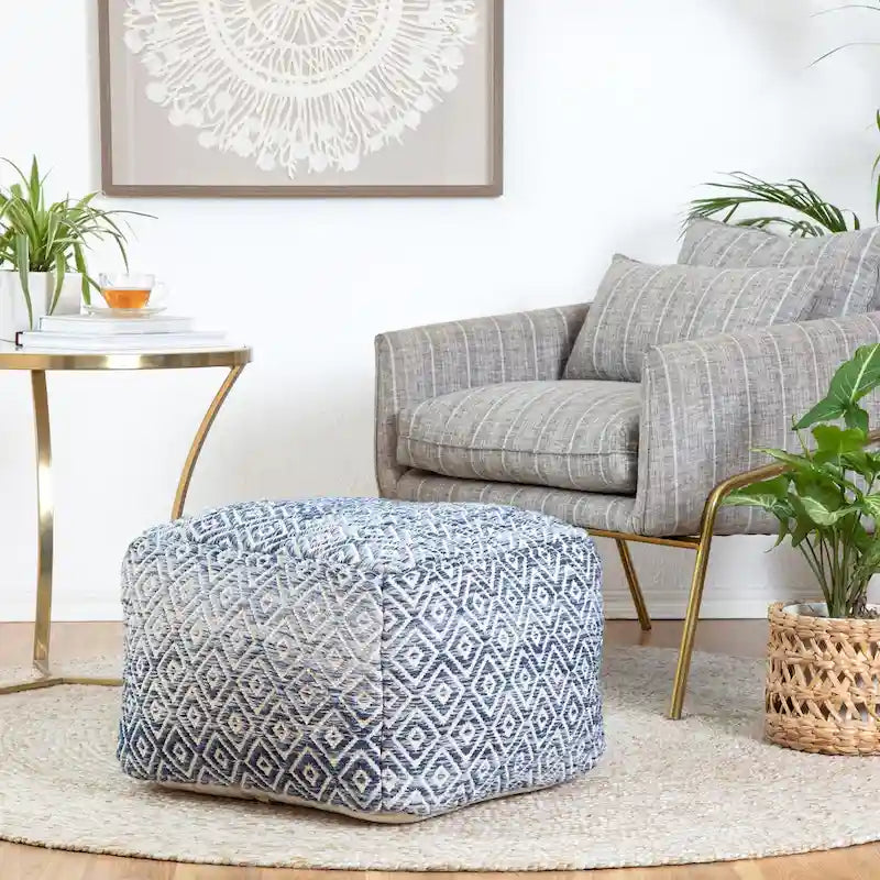 Pouf bohème carré, motif losanges tissé à la main, repose-pieds en mélange de coton beige