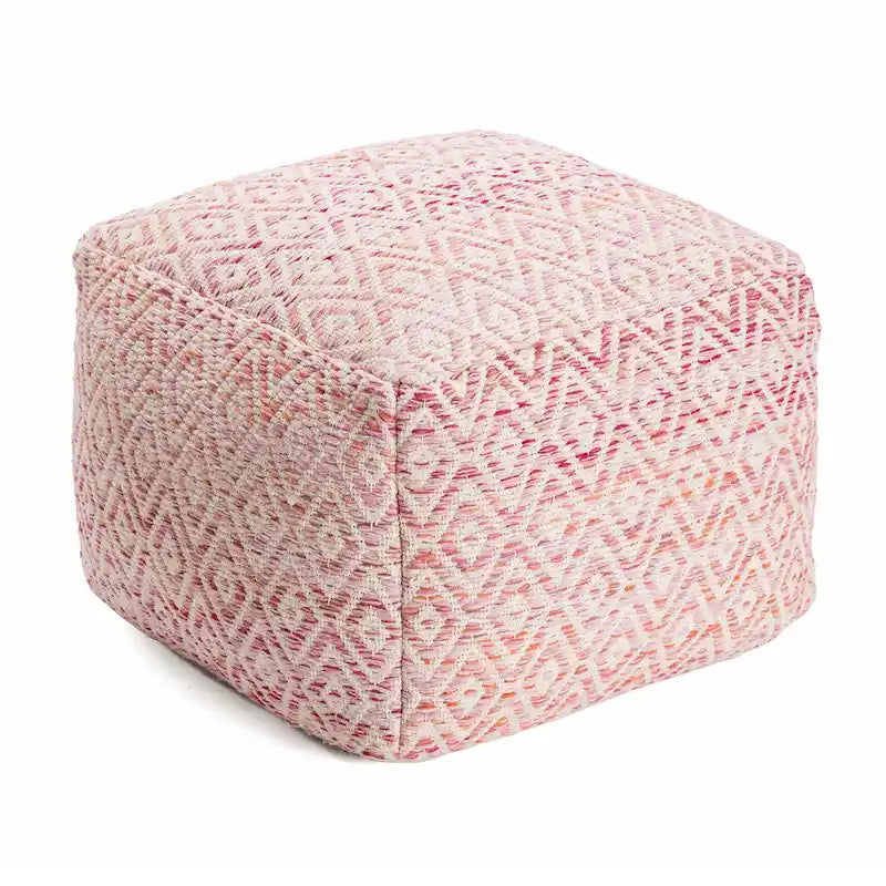 Pouf bohème carré, motif losanges tissé à la main, repose-pieds en mélange de coton beige
