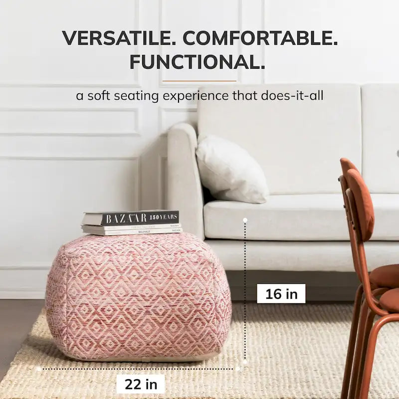 Pouf bohème carré, motif losanges tissé à la main, repose-pieds en mélange de coton beige