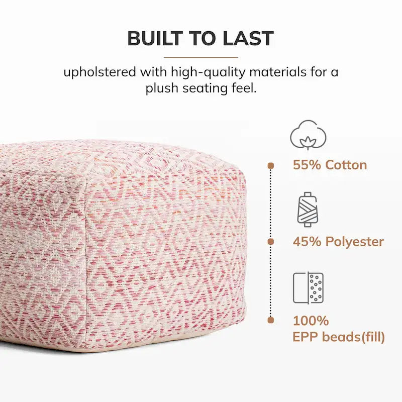 Pouf bohème carré, motif losanges tissé à la main, repose-pieds en mélange de coton beige