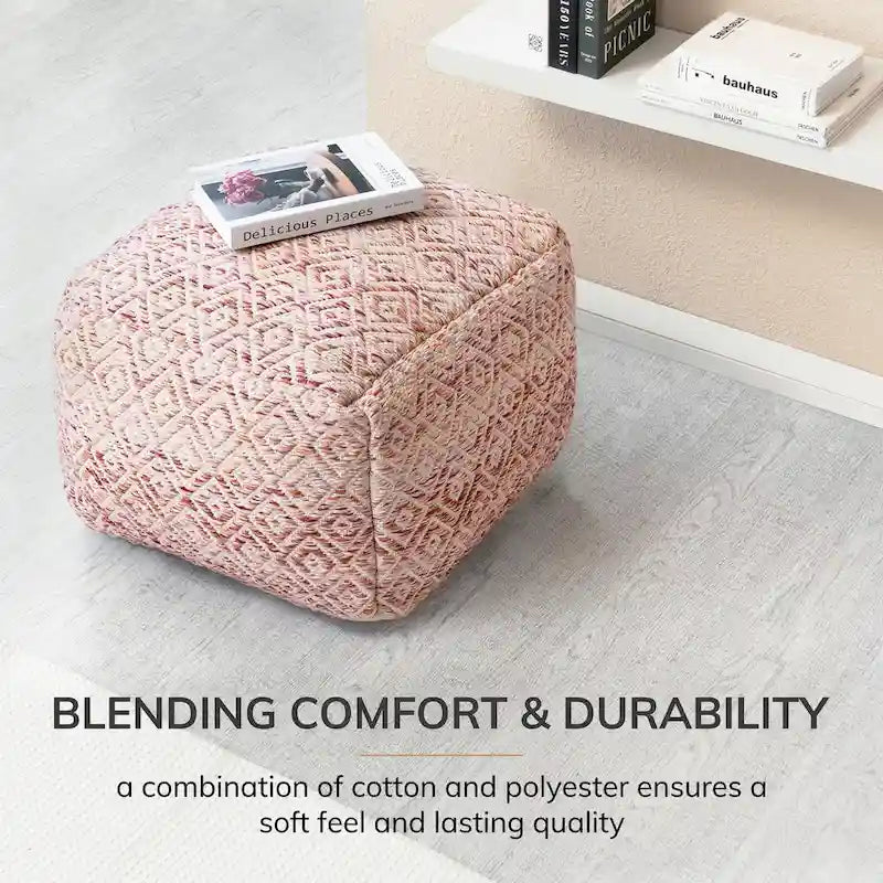 Pouf bohème carré, motif losanges tissé à la main, repose-pieds en mélange de coton beige