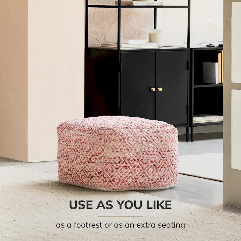 Pouf bohème carré, motif losanges tissé à la main, repose-pieds en mélange de coton beige