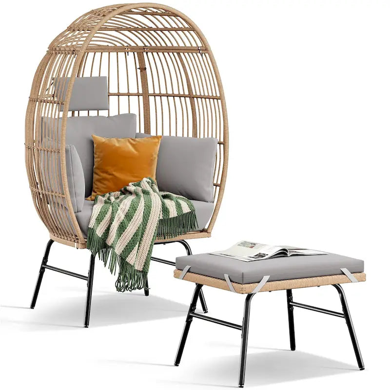 Grand fauteuil œuf en osier de polyéthylène avec coussins gris Bleu Neutre
