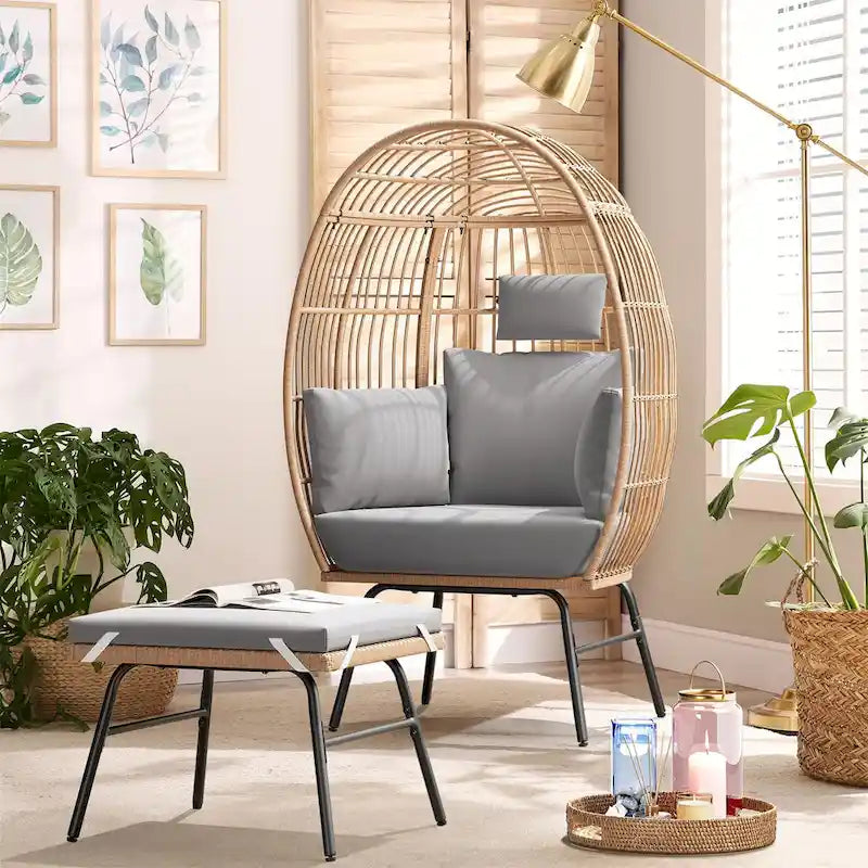 Grand fauteuil œuf en osier de polyéthylène avec coussins gris Bleu Neutre
