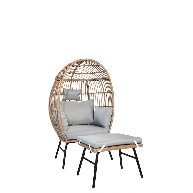 Grand fauteuil œuf en osier de polyéthylène avec coussins gris Bleu Neutre