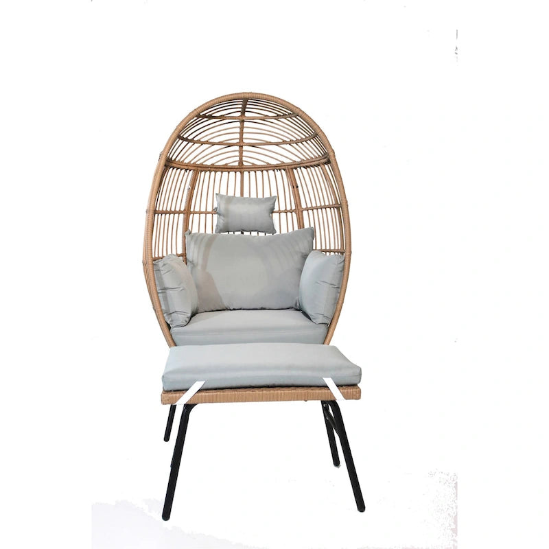 Grand fauteuil œuf en osier de polyéthylène avec coussins gris Bleu Neutre