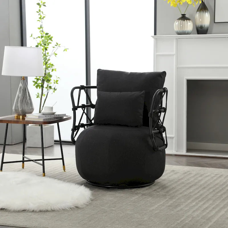 Fauteuil pivotant en lin capitonné avec pied en métal Plusieurs coloris