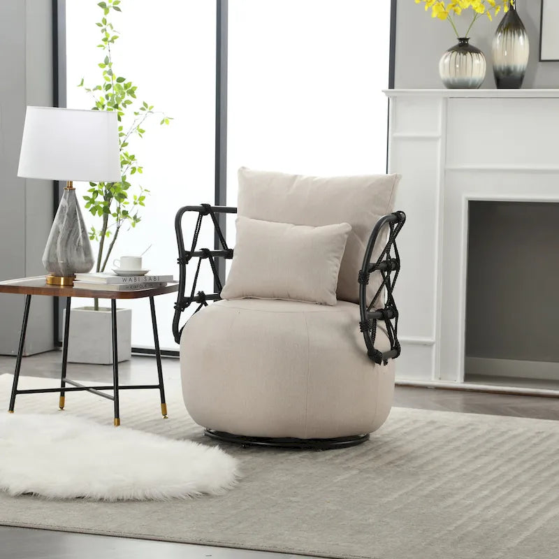 Fauteuil pivotant en lin capitonné avec pied en métal Plusieurs coloris