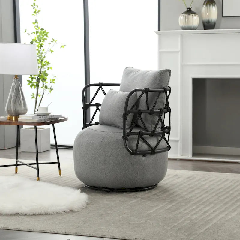 Fauteuil pivotant en lin capitonné avec pied en métal Plusieurs coloris