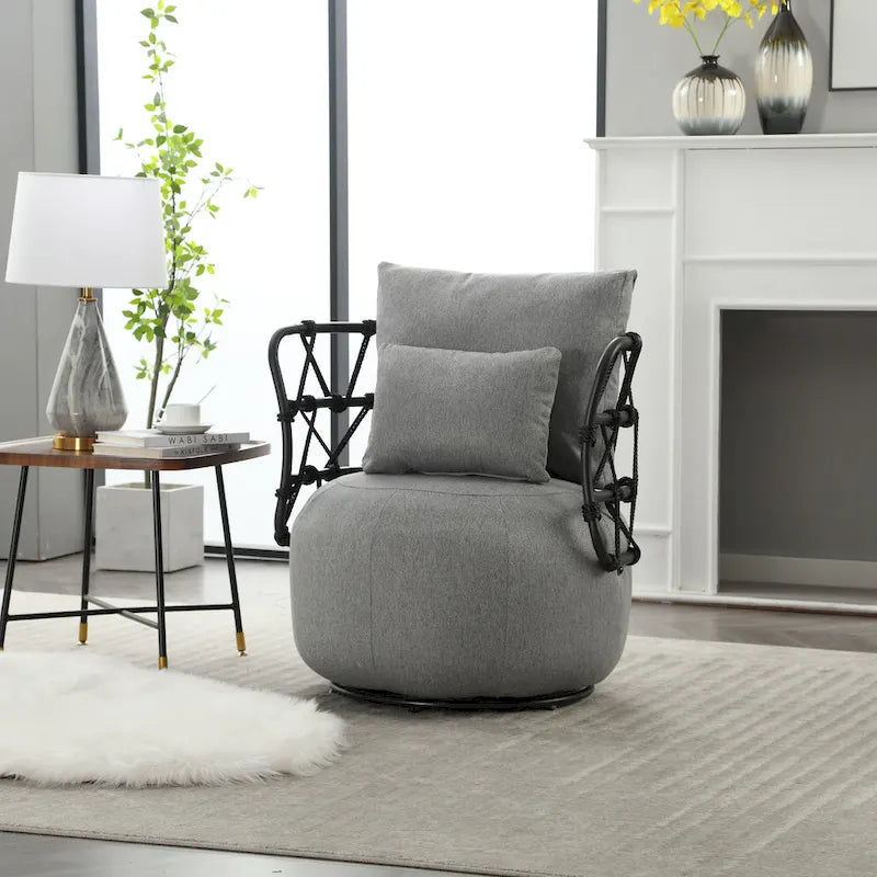 Fauteuil pivotant en lin capitonné avec pied en métal Plusieurs coloris