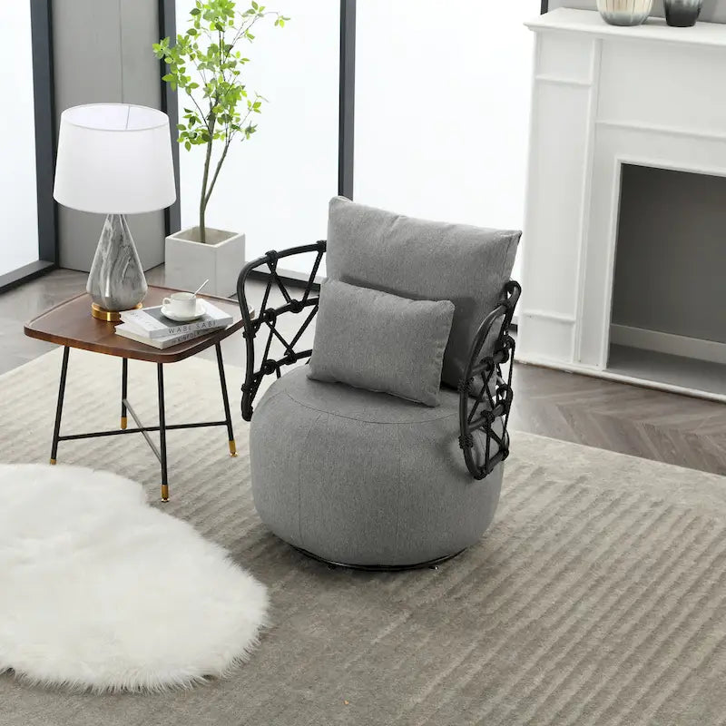 Fauteuil pivotant en lin capitonné avec pied en métal Plusieurs coloris