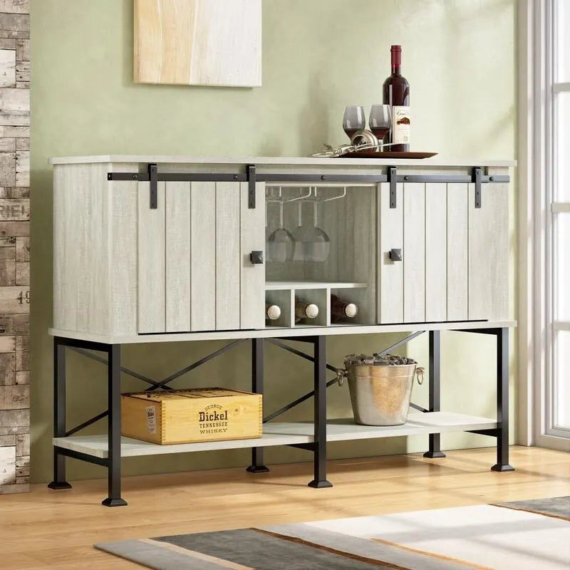Meuble à vin rustique avec porte coulissante type grange, range-verres et étagères réglables
