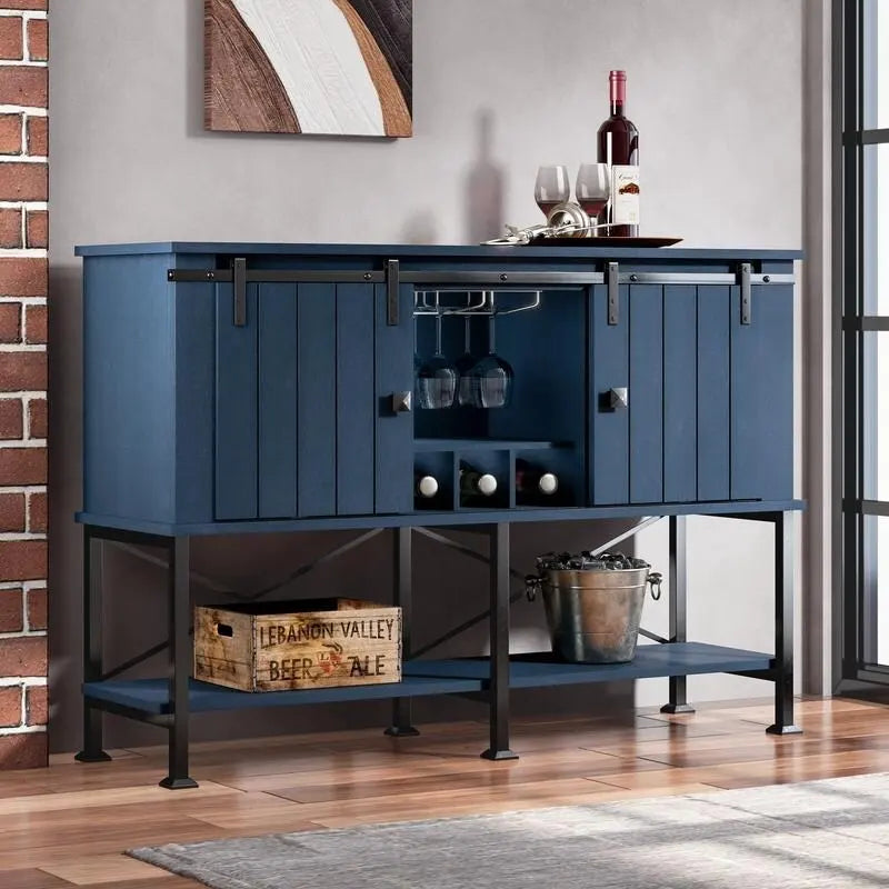 Meuble à vin rustique avec porte coulissante type grange, range-verres et étagères réglables