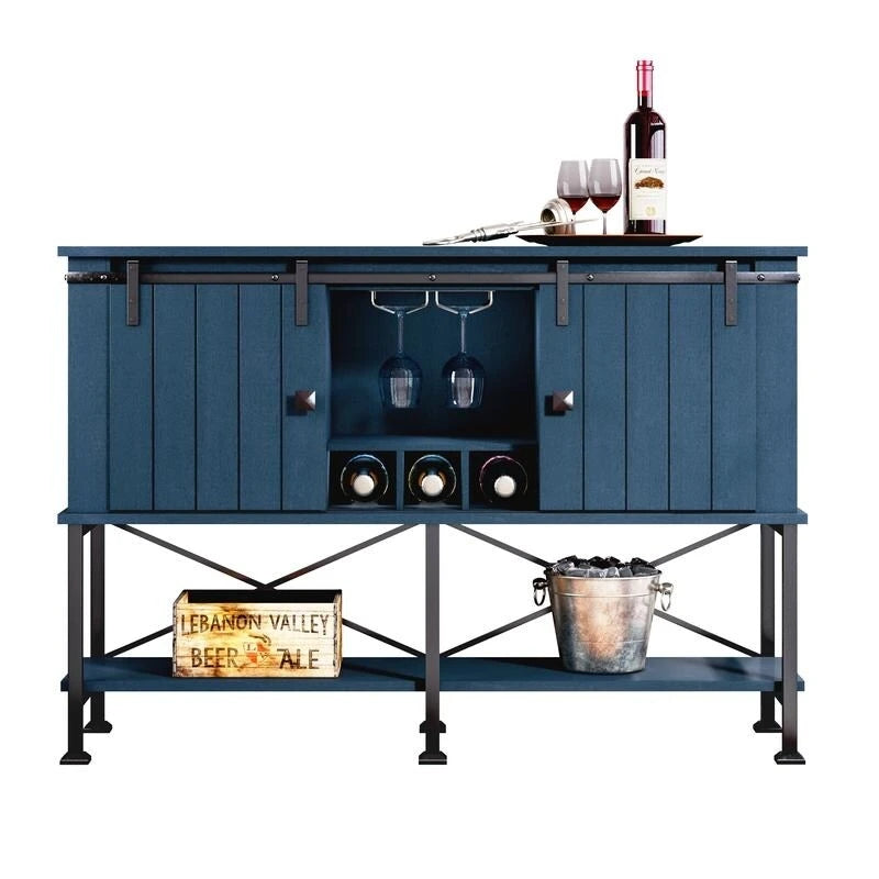 Meuble à vin rustique avec porte coulissante type grange, range-verres et étagères réglables