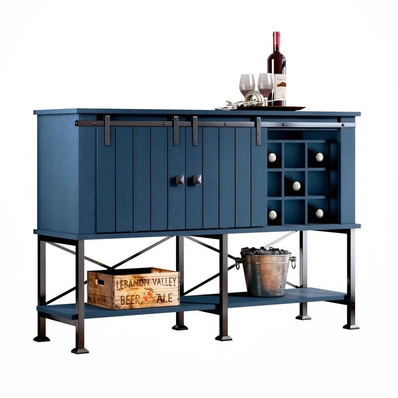 Meuble à vin rustique avec porte coulissante type grange, range-verres et étagères réglables