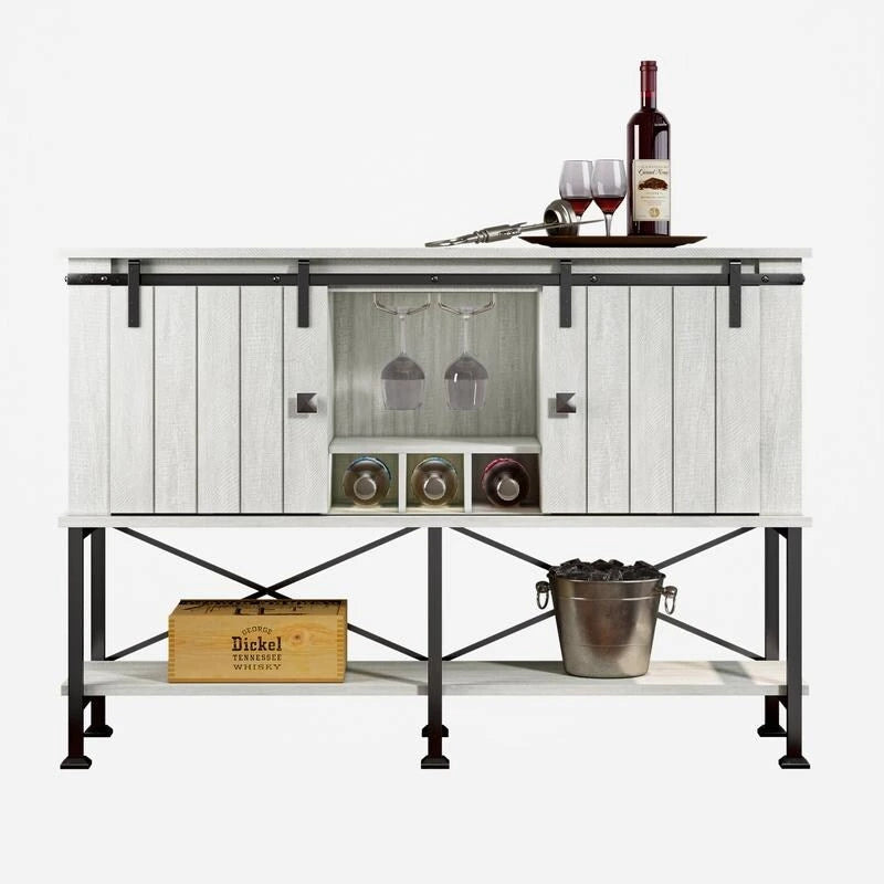 Meuble à vin rustique avec porte coulissante type grange, range-verres et étagères réglables