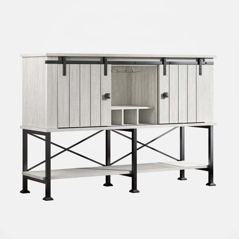 Meuble à vin rustique avec porte coulissante type grange, range-verres et étagères réglables