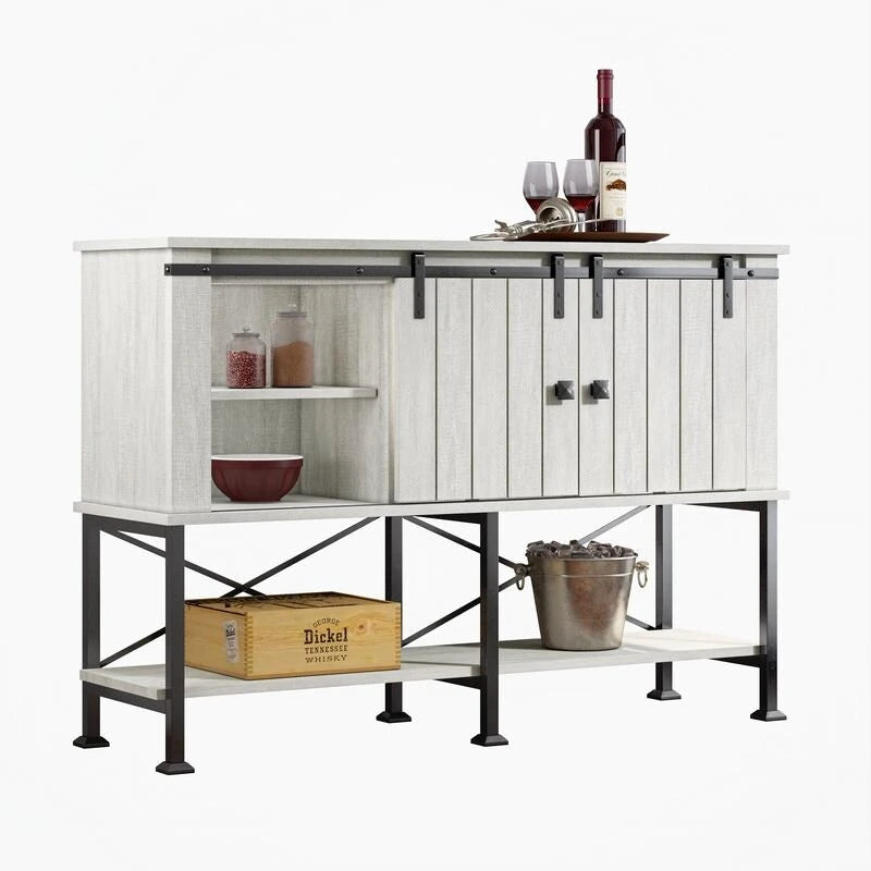 Meuble à vin rustique avec porte coulissante type grange, range-verres et étagères réglables