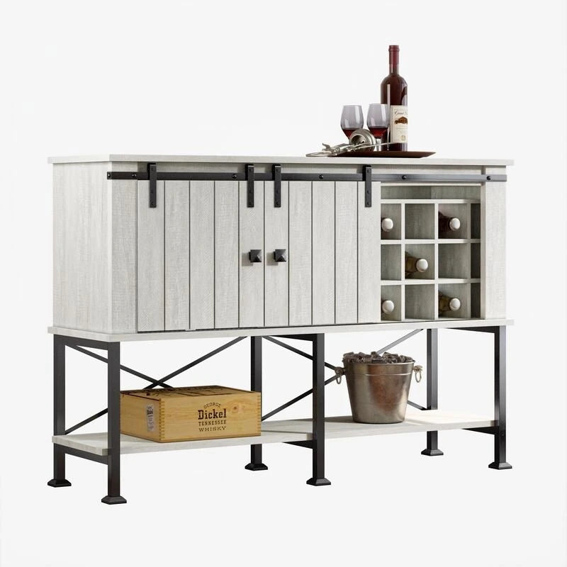 Meuble à vin rustique avec porte coulissante type grange, range-verres et étagères réglables