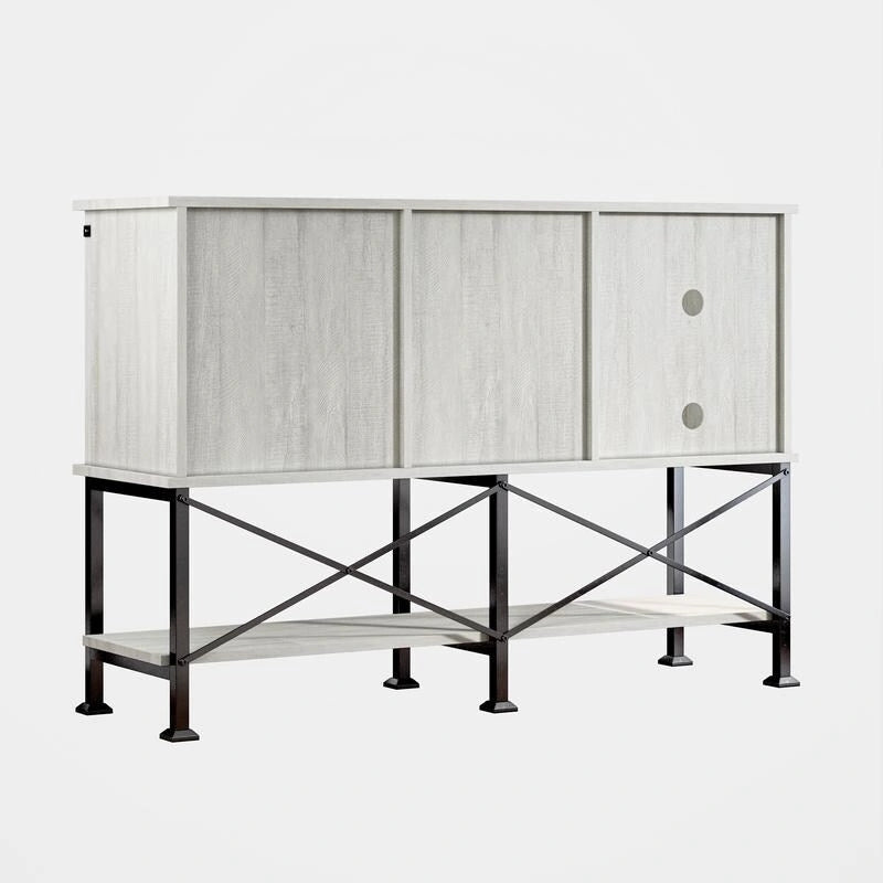 Meuble à vin rustique avec porte coulissante type grange, range-verres et étagères réglables