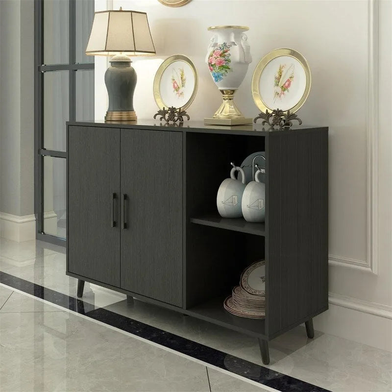 Buffet Armoire en Bois Deux Portes Étagères Ouvertes Rangement Moderne en Bois Manufacturé Blanc Noir