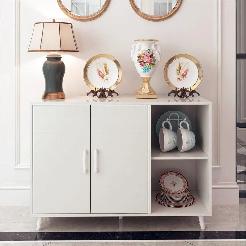 Buffet Armoire en Bois Deux Portes Étagères Ouvertes Rangement Moderne en Bois Manufacturé Blanc Noir