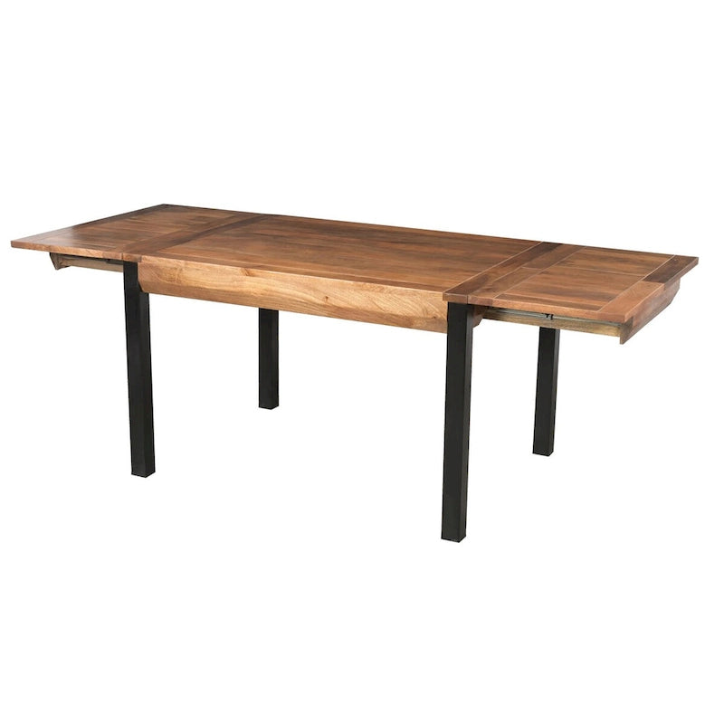Table à manger extensible en bois de manguier massif avec pieds en fer noir, marron